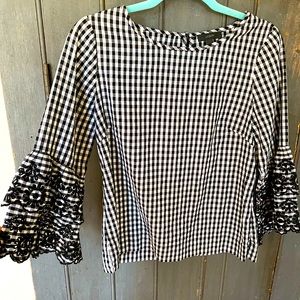 J. Crew Womens Black & White Gingham shirt size 2 with belled sleeves
